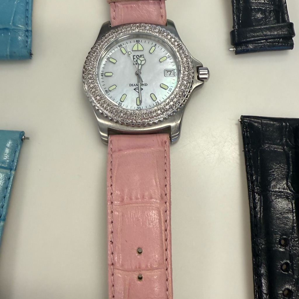 Pink Strap Silver Watch With Diamond Accents